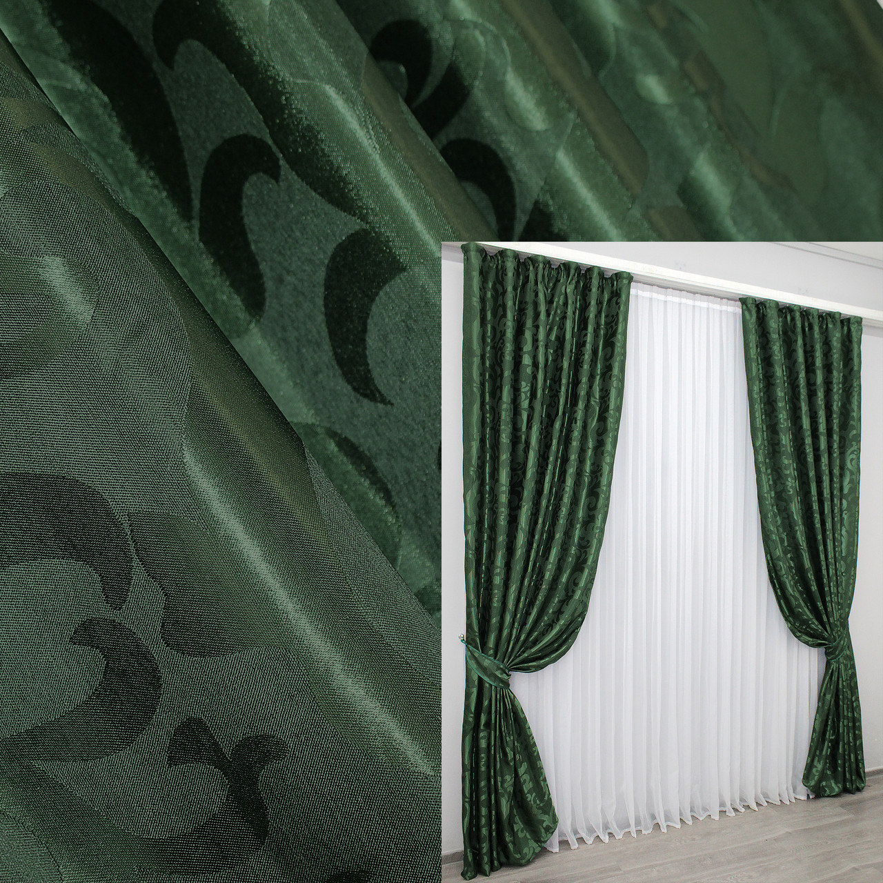 Штори (2шт. 1,5х2,5м.), тканина жаккард "Вензель". Колір темно зелений. Код 477ш 39-275, фото 1