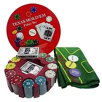 Покерний набір на 240 фішок з номіналом у круглій металевій упаковці