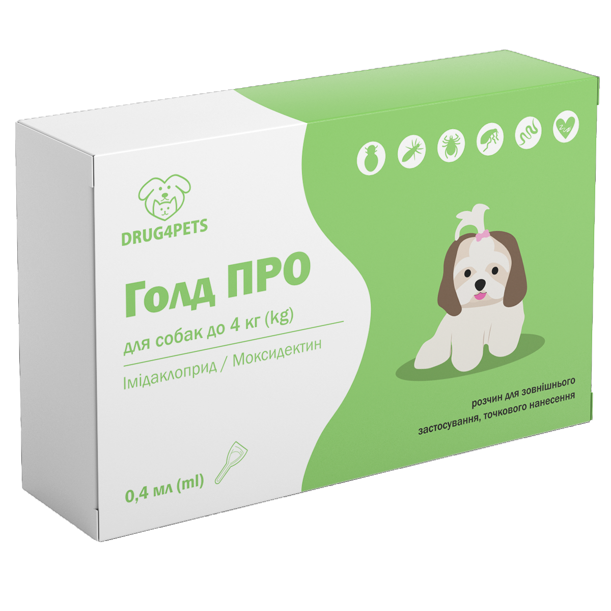 Голд ПРО краплі від глистів, бліх та кліщів для собак вагою до 4 кг, 1 піпетка, фото 1