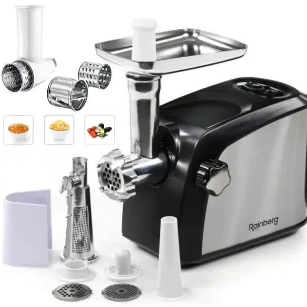 М'ясорубка електрична Rainberg RB-673 із соковичавницею і шатківницею 9 насадок 3000W з реверсом, фото 1