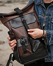Стильний та практичний рюкзак ролтоп для ноутбука Rolltop для подорожей коричневого кольору з екошкіри, фото 3