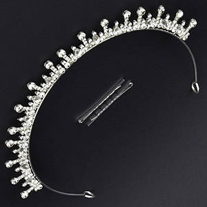 Корона діадема висота 2 см ширина 16 см металева з двома невидимостями сріблястого кольору з фіанітами