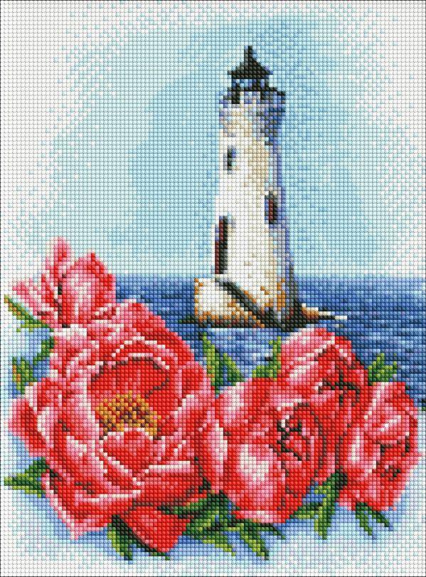 Картина стразами Ідейка Маяк з півоніями ©Анна Кулик (AMO7552) 30 х 40 см (На підрамнику), фото 1