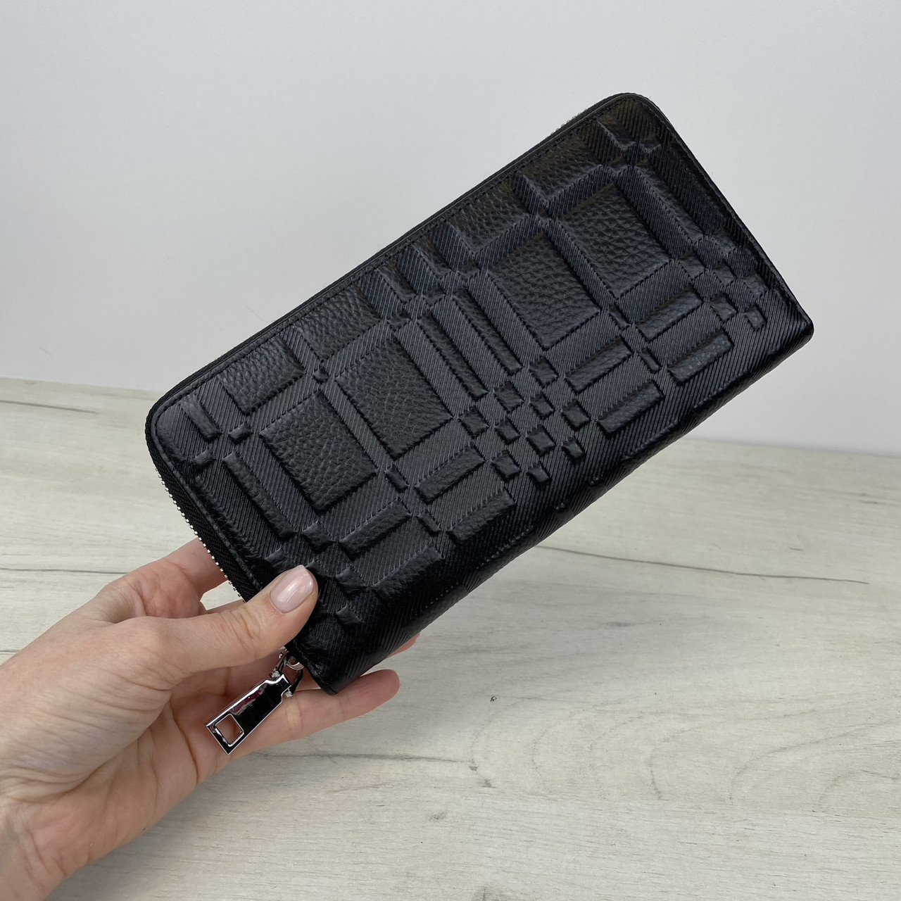 Шкіряний гаманець на блискавці фактура ПРЯМОКУТНИК С101-КТ-10250 Чорний, фото 1