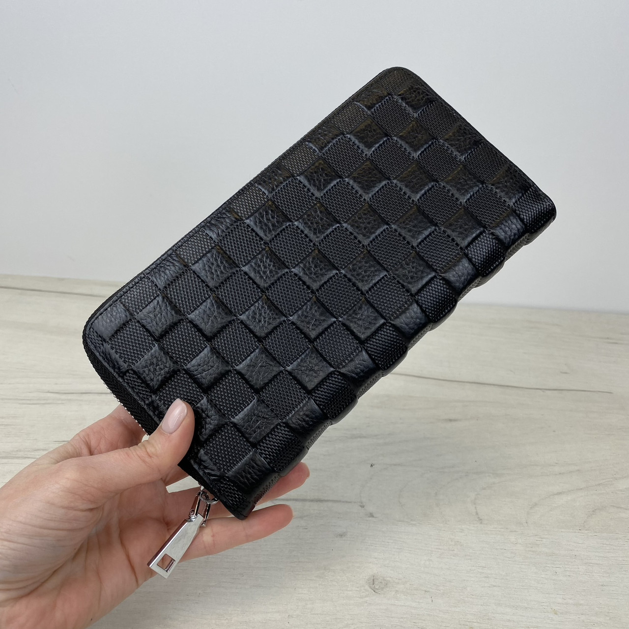 Шкіряний гаманець на блискавці фактура ШАХМАТКА С101-КТ-10250 Чорний, фото 1