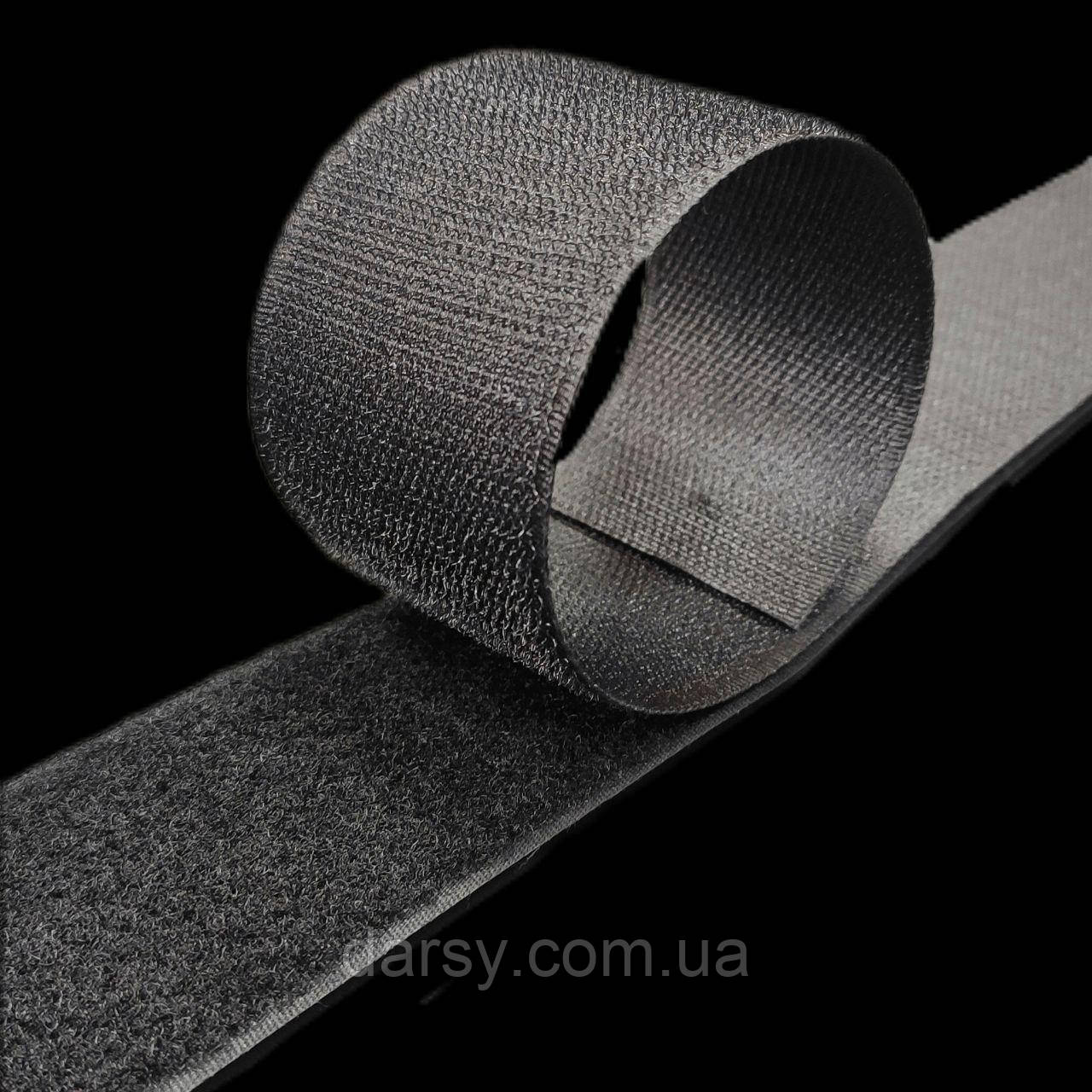 Липучка контактна 50 мм колір чорний стрічка-гачки та стрічка-петлі комплект з відповідною частиною loop/hook, фото 1