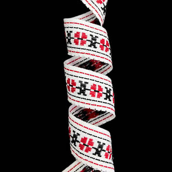 Стрічка оздоблювальна з українським орнаментом 35 мм колір біла з червоно-чорним орнаментом