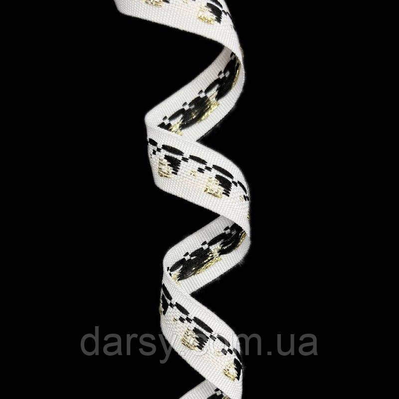 Стрічка оздоблювальна блискуча 15 мм колір біла з бежевими квітками, фото 1