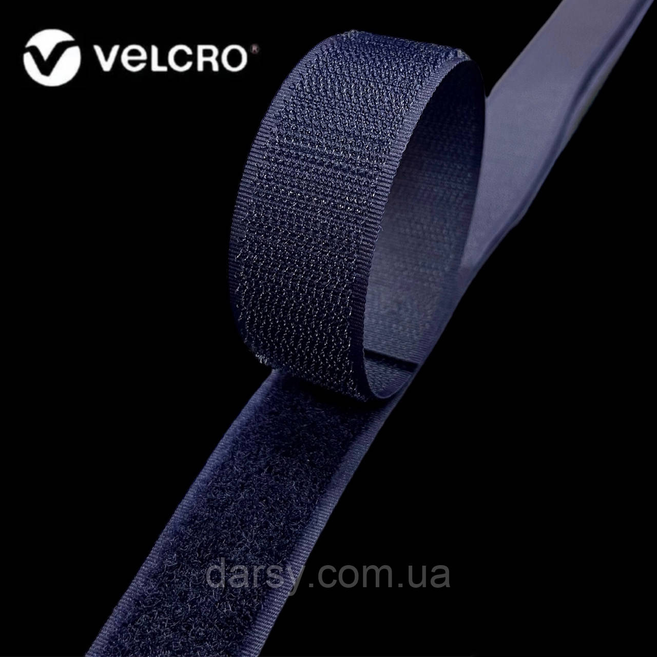 Липучка контактна Velcro 25 мм колір темно-синій NAVY (1/5) стрічка-гачки та стрічка-петлі комплект loop/hook, фото 1