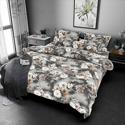 Темна щільна постільна тканина 220 см сірого кольору Полісатин 135 поліестер із квітковим принтом, у рулоні 60 м, фото 2