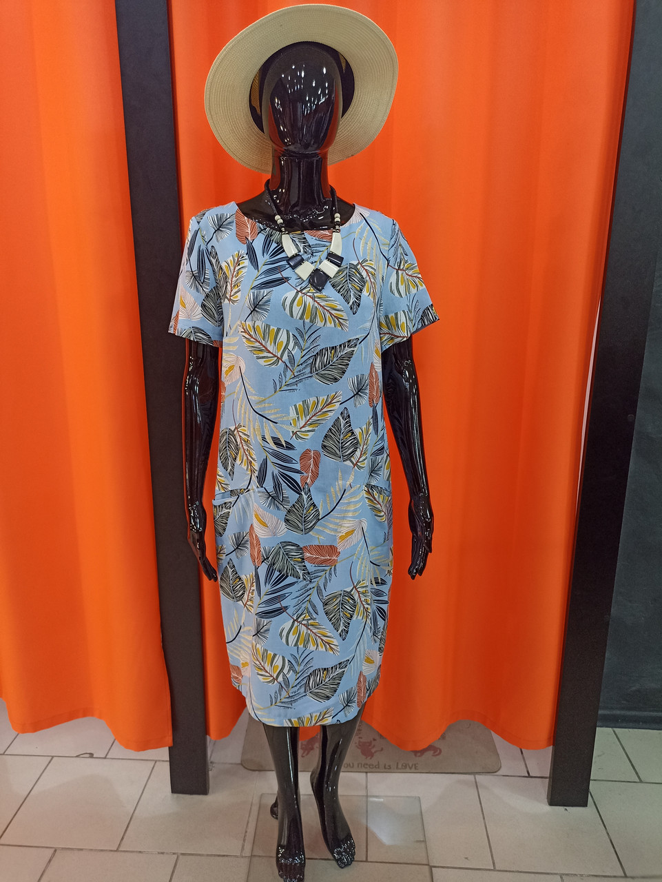 Плаття J.London льон короткий рукав кишені принт листя 48 блакитне, фото 1