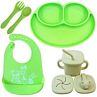 Набор силиконовый посуды 2Life трёхсекционная ложка вилка поильник и слюнявчик с рисунком Зеленый (vol-10449)