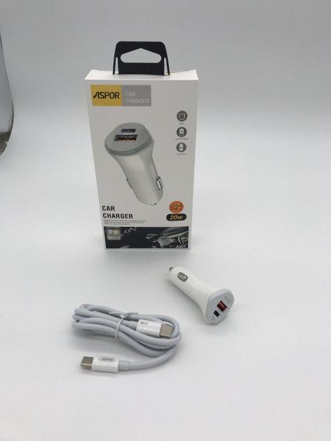 Автомобільний зарядний пристрій Aspor A907 (USB/USB-C/3A/20W) + кабель Type-C - Type-C- білий