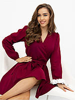 Нарядное трендовое платье короткое с длинным рукавом, бордовое