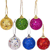 Набор новогодних елочных шаров с блестками 6 штук в комплекте небьющиеся разноцветные яркие праздничные 4 см