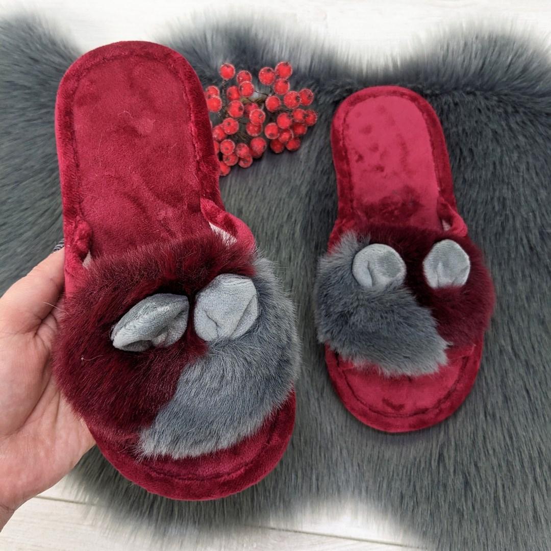 Капці жіночі домашні з хутром та вушками з відкритим носком бордові 4166