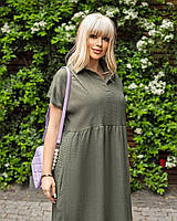 Сучасне літнє жіноче плаття по коліно лляне плаття з мереживом великі розміри яскраві кольори, поверніть розмер, хакі