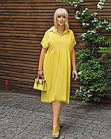 Современное летнее женское платье по колено льняное платье платье с кружевами большие размеры яркие цвета 46-48, Желтый