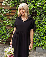 Современное летнее женское платье по колено льняное платье платье с кружевами большие размеры яркие цвета 58-60, Черный