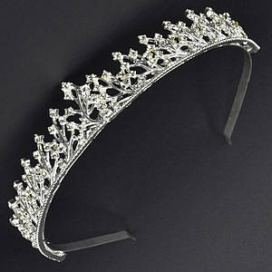 Корона діадема висота 2,5 см металевого сріблястого кольору гілочки з білими кришталевими стразами