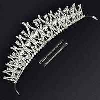 Корона діадема висота 4,5 см металевого сріблястого кольору з двома невидимостями гілочки з білими стразами