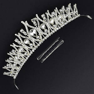 Корона діадема висота 4,5 см металевого сріблястого кольору з двома невидимостями гілочки з білими стразами