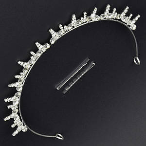 Корона діадема висота 2 см ширина 16 см металевого сріблястого кольору з двома невидимостями зі стразами