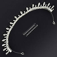 Корона діадема висота 2 см ширина 16 см металевого сріблястого кольору з двома невидимостями з кристалами