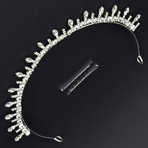 Корона діадема висота 2 см ширина 16 см металевого сріблястого кольору з двома невидимостями з кристалами