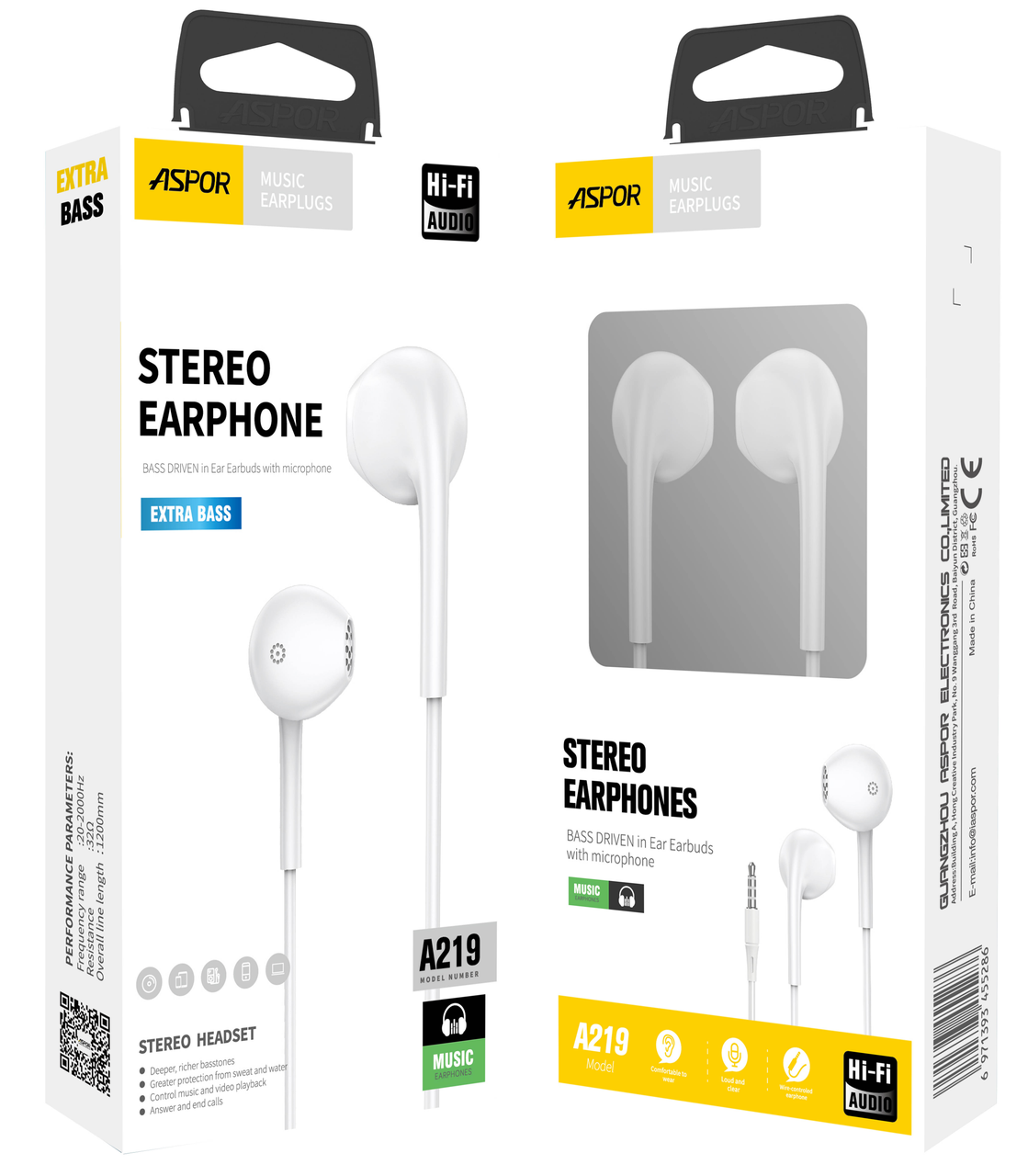 Навушники з мікрофоном Aspor A219 Stereo Earphone (3.5мм)- білий, фото 1