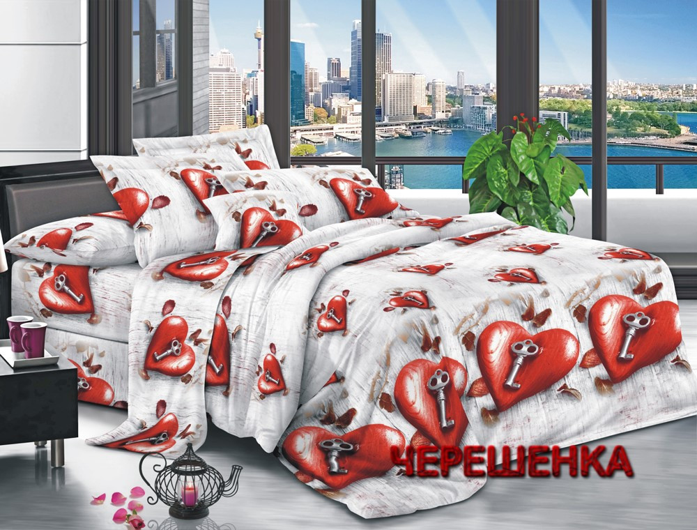 Світла постільна тканина 220 см з яскравим принтом серця романтика, Поліестер 75 синтетичний, рулон 60 м