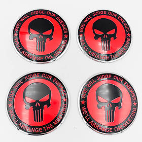 Наклейки на ковпачки заглушки в диски Punisher (Череп Каратель) 56 мм Чорний логотип, червоний фон 4 шт