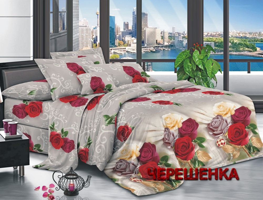 Світла синтетична постільна тканина Поліестер 75 бежева з яскравим 3Д-принтом червоні троянди, у рулоні 60 м