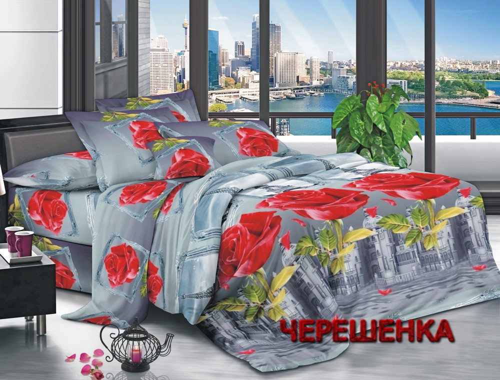 Сіра тканина 220 см із принтом червоні троянди для пошиття постільної білизни, Поліестер 75 у рулоні 60 м