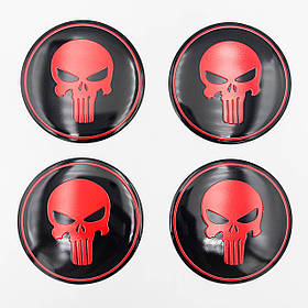 Наклейки на ковпачки заглушки в диски Punisher ( Череп Каратель) 56 мм Червоний логотип, чорний фон 4 шт.