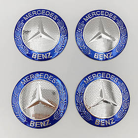 Наклейки на ковпачки заглушки в диски Mercedes-Benz (Мерседес-Бенц) 56 мм Сріблясті, синій обідок 4 шт.