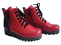 Ботинки женские кожаные на плоском ходу красного цвета 40, Мех шерстяной, Зима