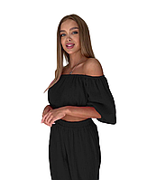 Женский летний костюм топ и штаны 42-44,46-48 черный, ткань муслин, идеальный баланс комфорта и стиля