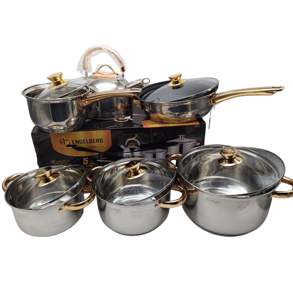 Набір посуду 12 предметів Комплект коструль зі сковородою та чайником з нержавіючої сталі  Engelberg SUL 8015