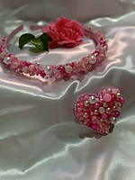 Набор украшений розового цвета обруч и брошка сердце из бусин и хрусталя