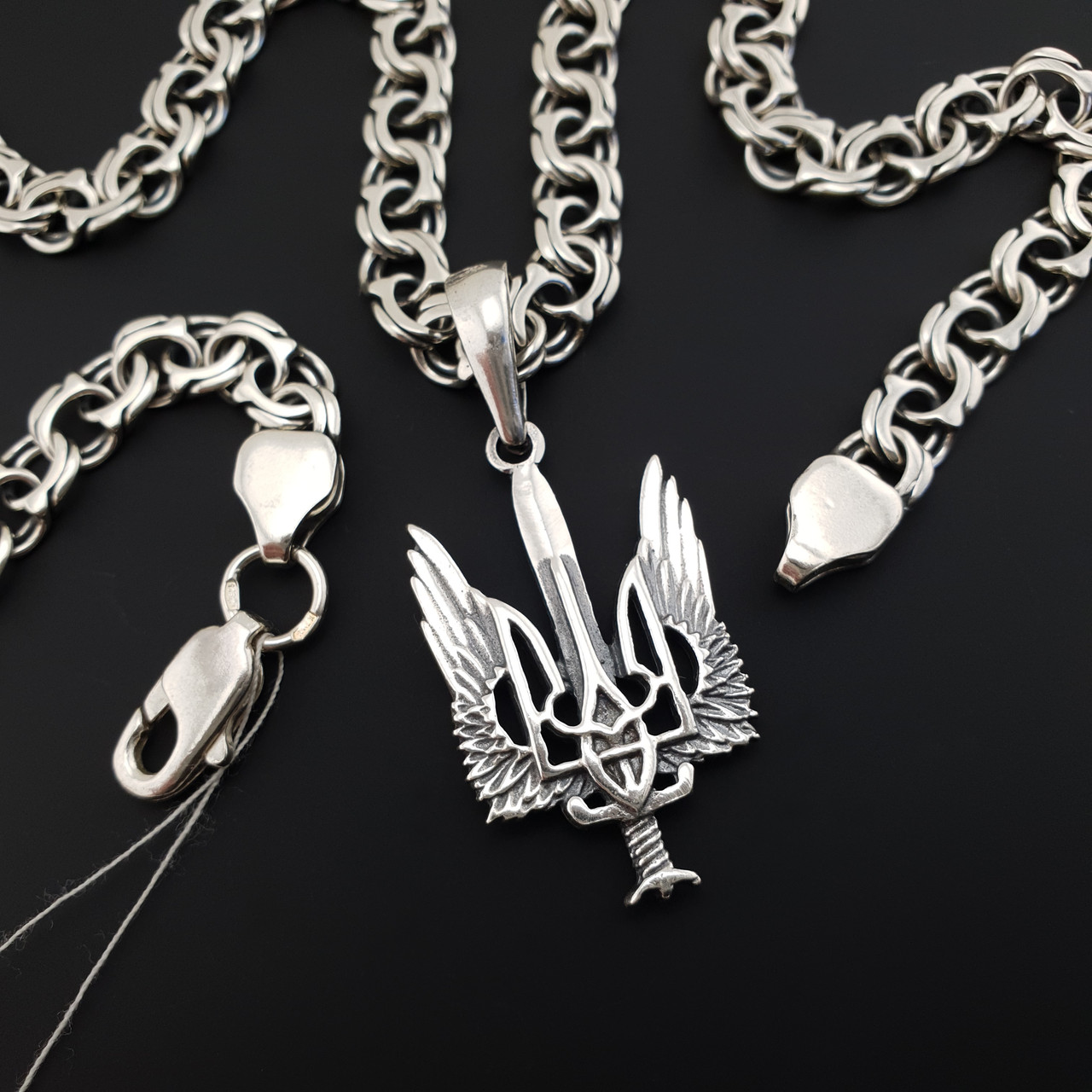 Срібна цепочка чоловіча і кулон герб України. Чоловічий підвіс тризуб і ланцюжок на шию. Срібло 925 65 см, фото 1