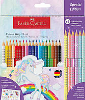 Цветные карандаши Faber-Castell / 18 акварельных Grip + 6 пастельных Sparkle (24 шт, +стикеры Unicorn) 201543