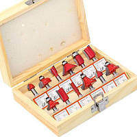 Набір з 12 фрез по дереву, хвостовик 8 мм у футлярі, матеріал: високолегована сталь