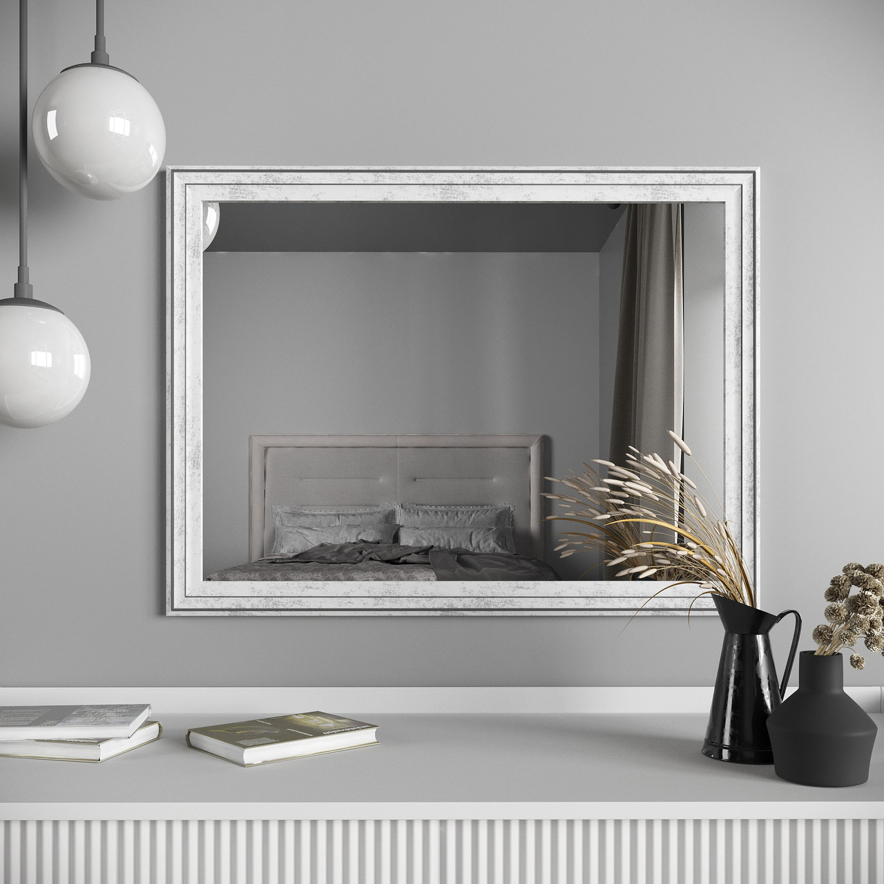 Дзеркало на стіну 78х58 | у вузькій білій рамі з патиною срібла | Black Mirror для дому