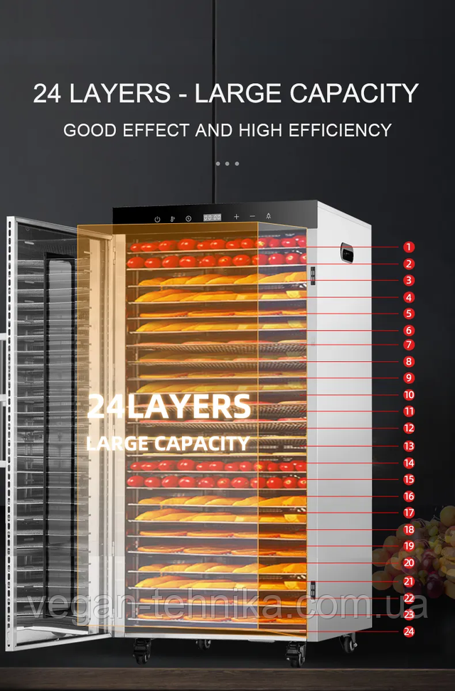 Комерційний дегідратор Tekhniko DH-24H Commercial Food Dehydrator (24 сталевих лотка)