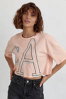 Укороченная женская футболка с вышитыми буквами - персиковый цвет, M/L (есть размеры) kr