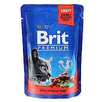 Корм вологий для котів Brit Premium Cat pouch з тушкованою яловичиною та горошком, 100 г