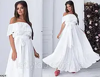 Белое длинное платье вечернее в пол летнее с открытыми плечами шифоновое с воланами