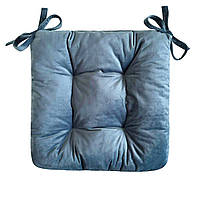 Подушка на стул, табуретку, кресло 35х35х8 велюровая голубая на двух завязках
