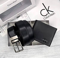 Мужской кожаный ремень и кошелек Calvin Klein чёрный, подарочный набор дня мужчины